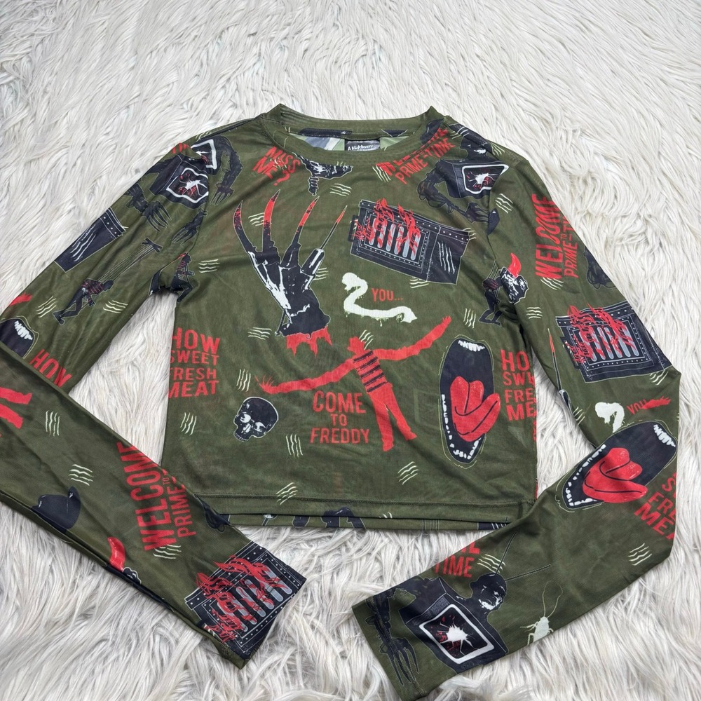 A Nightmare on Elm Street Women's S Green Printed Mesh Crop Top Sheer Horror